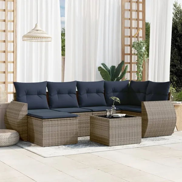 Ensemble de canapé de jardin 7 pcs avec coussins gris résine tressée