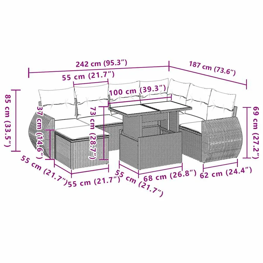 Ensemble de canapé de jardin 8 pcs avec coussins gris résine tressée - 11