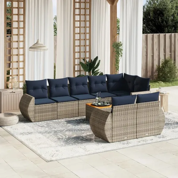 Ensemble de canapé de jardin 9 pcs avec coussins gris résine tressée