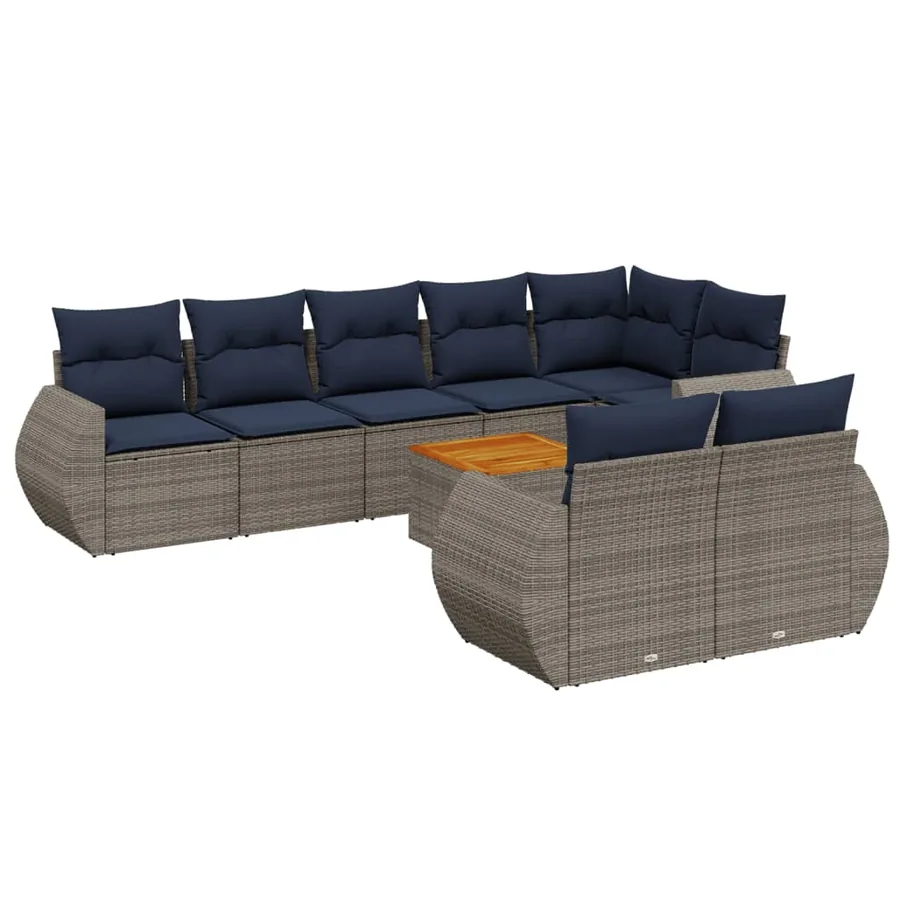 Ensemble de canapé de jardin 9 pcs avec coussins gris résine tressée - 2