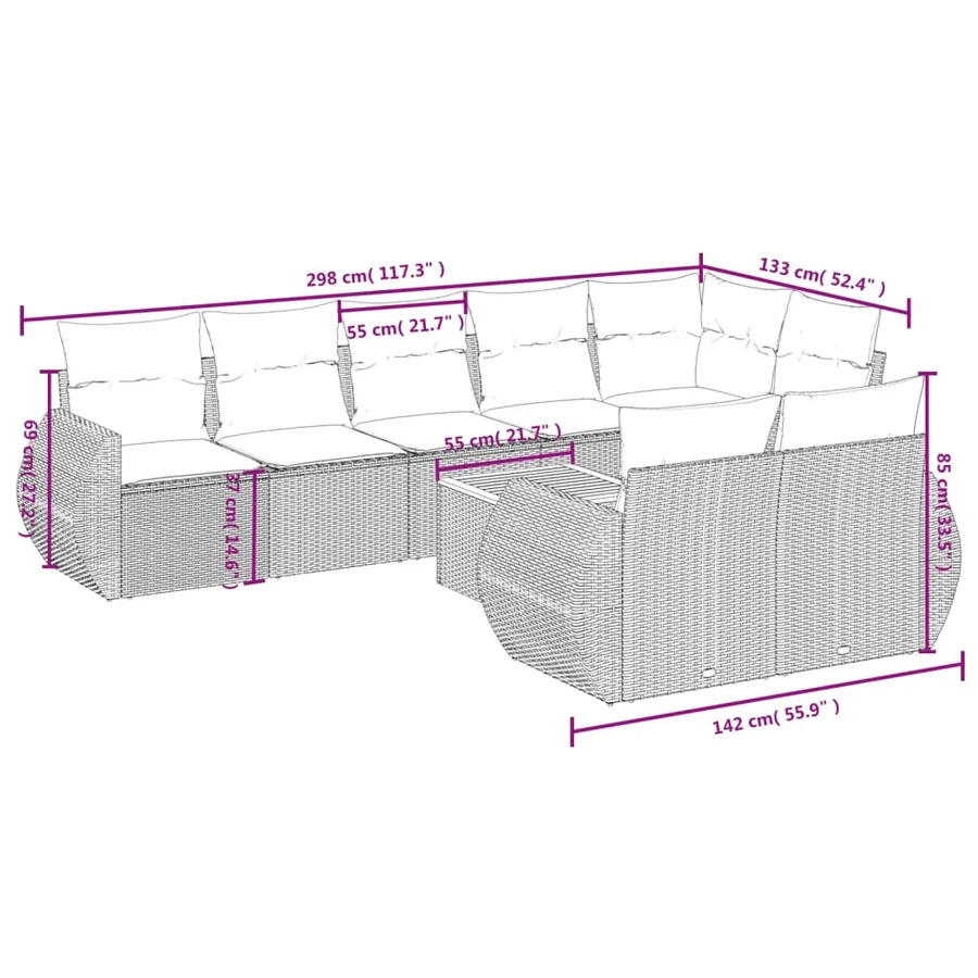 Ensemble de canapé de jardin 9 pcs avec coussins gris résine tressée - 8