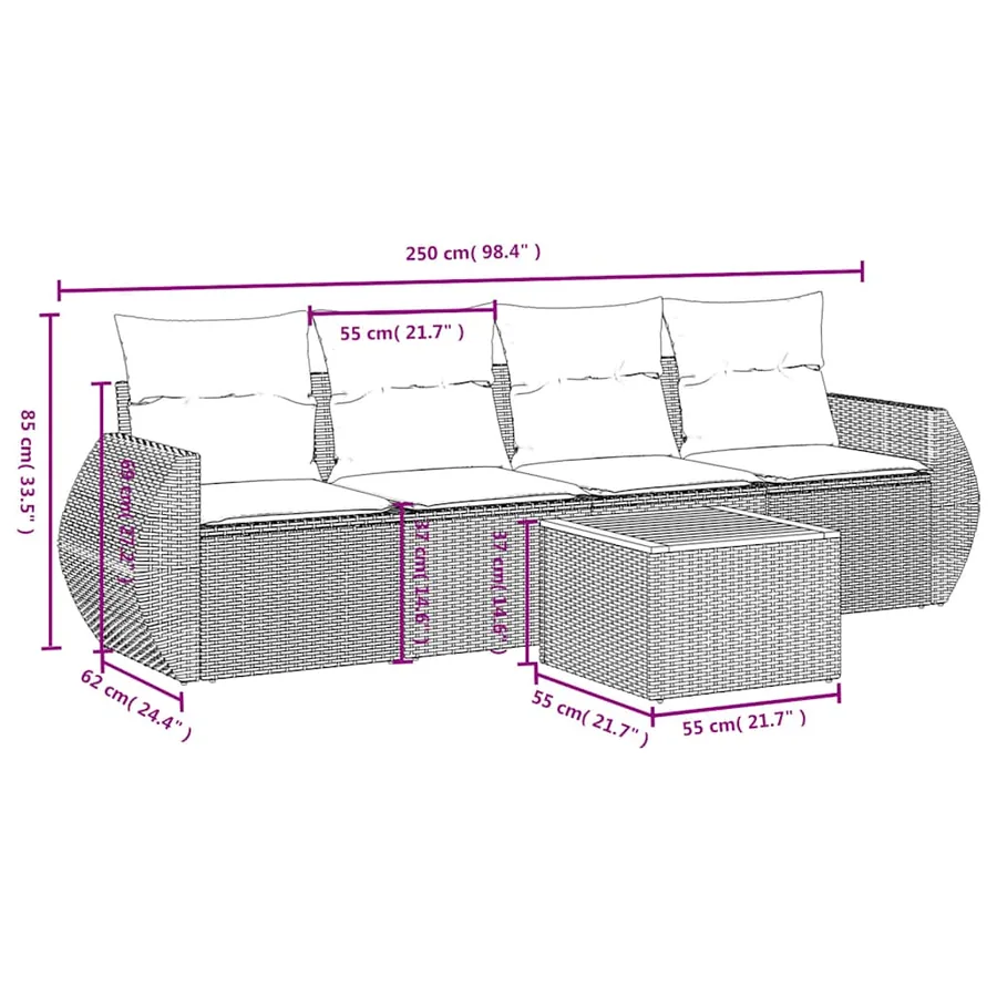 Ensemble de canapé de jardin 5 pcs avec coussins gris résine tressée - 7