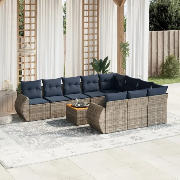 Ensemble de canapé de jardin 11 pcs avec coussins gris résine tressée