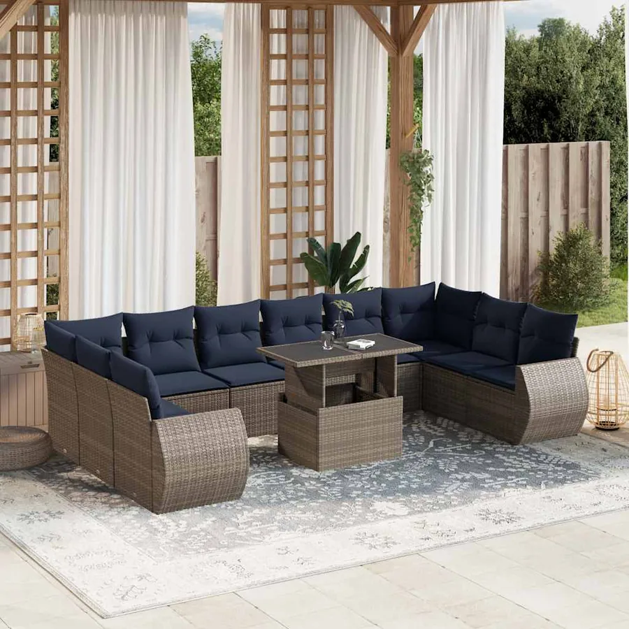 Ensemble de canapé de jardin 11 pcs avec coussins gris résine tressée
