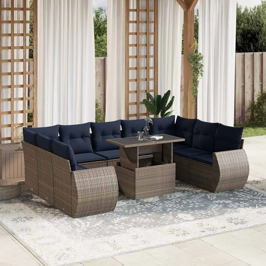 Ensemble de canapé de jardin 10 pcs avec coussins gris résine tressée