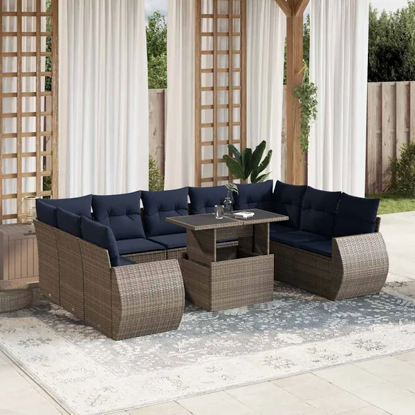 Ensemble de canapé de jardin 10 pcs avec coussins gris résine tressée