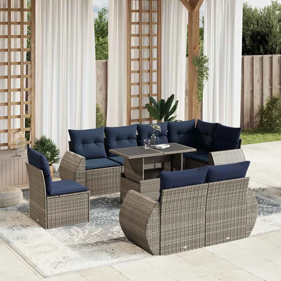 Ensemble de canapé de jardin 9 pcs avec coussins gris résine tressée