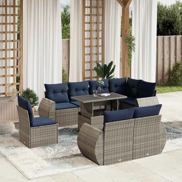 Ensemble de canapé de jardin 9 pcs avec coussins gris résine tressée