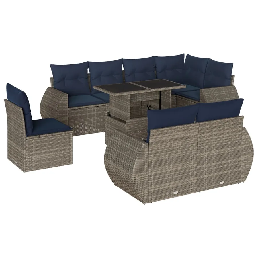Ensemble de canapé de jardin 9 pcs avec coussins gris résine tressée - 2