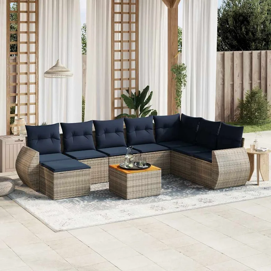 Ensemble de canapé de jardin 9 pcs avec coussins gris résine tressée