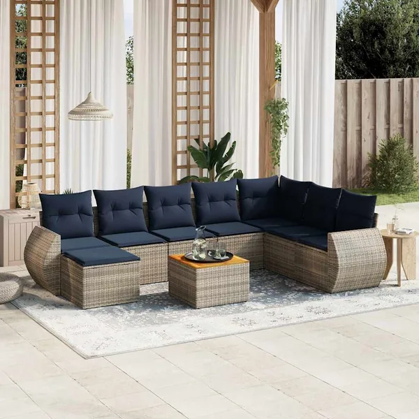 Ensemble de canapé de jardin 9 pcs avec coussins gris résine tressée