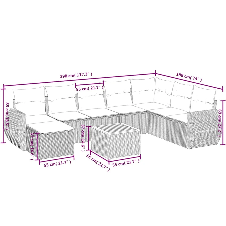 Ensemble de canapé de jardin 9 pcs avec coussins gris résine tressée - 9