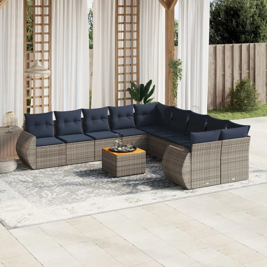 Ensemble de canapé de jardin 11 pcs avec coussins gris résine tressée