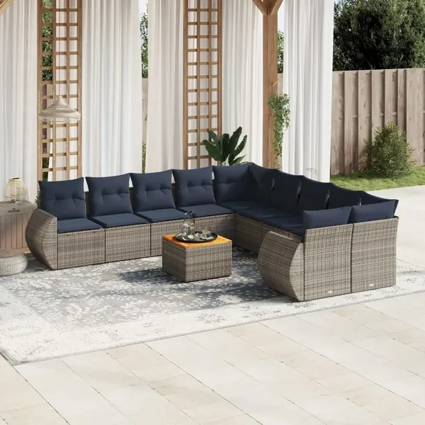 Ensemble de canapé de jardin 11 pcs avec coussins gris résine tressée