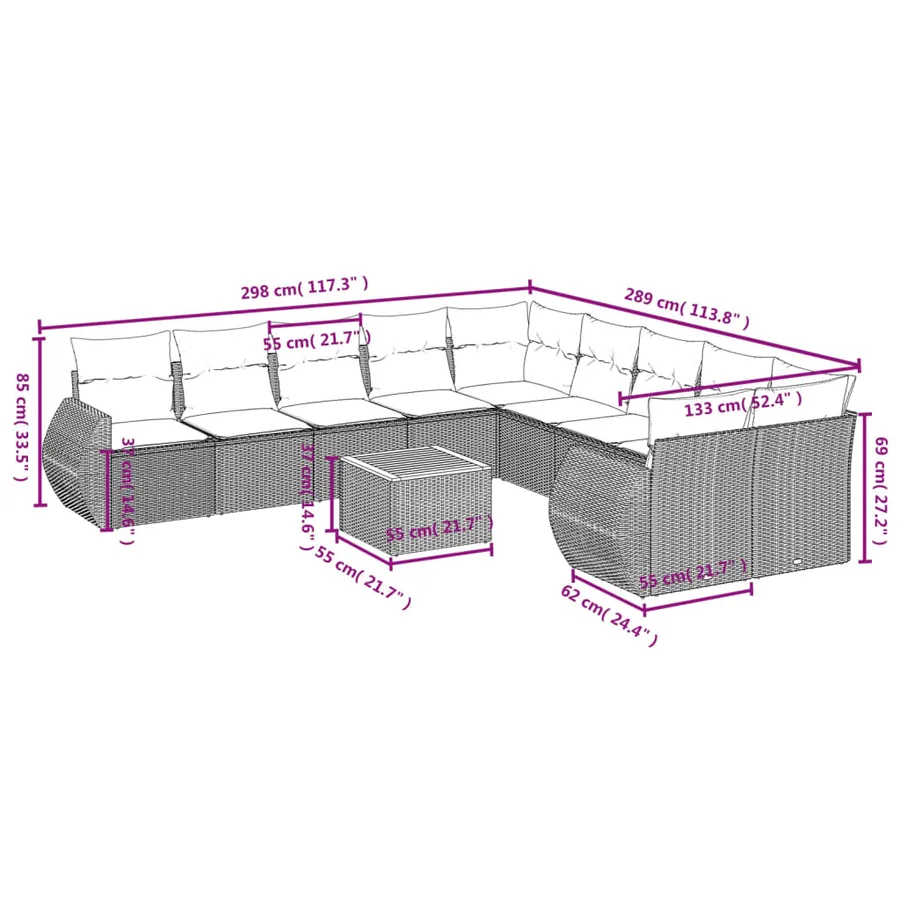 Ensemble de canapé de jardin 11 pcs avec coussins gris résine tressée - 8