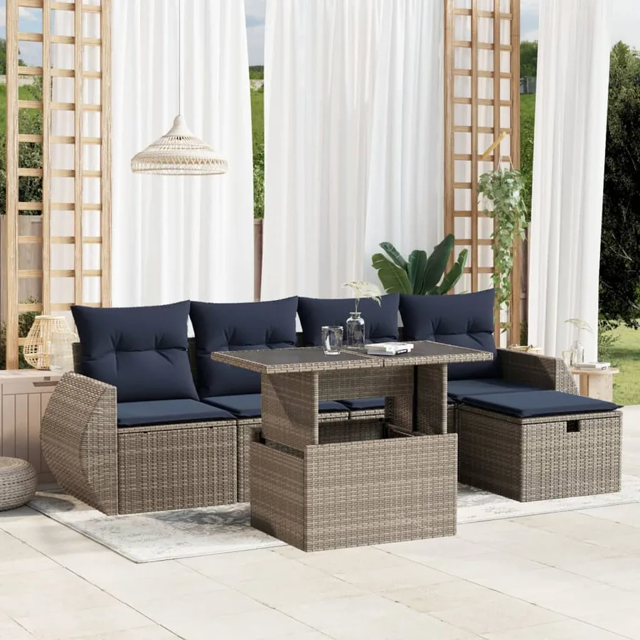 Ensemble de canapé de jardin 6 pcs avec coussins gris résine tressée