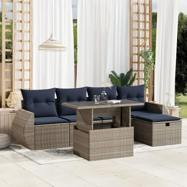 Ensemble de canapé de jardin 6 pcs avec coussins gris résine tressée