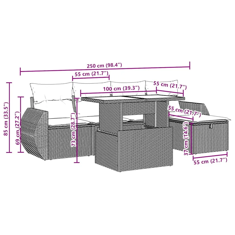 Ensemble de canapé de jardin 6 pcs avec coussins gris résine tressée - 12