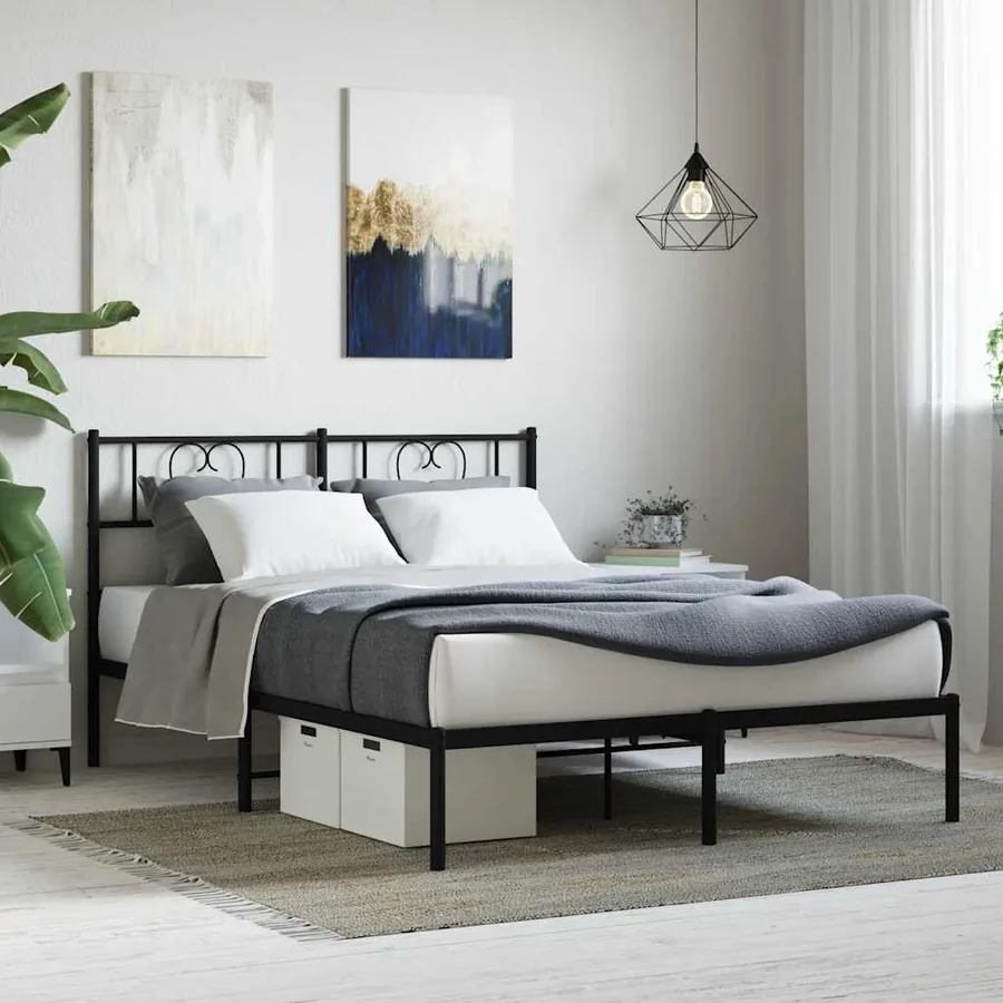 Cadre de lit métal sans matelas et tête de lit noir 160x200 cm