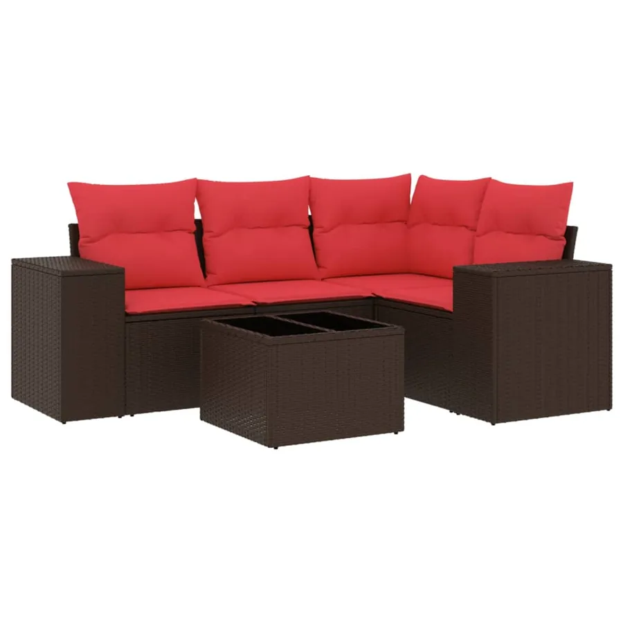Ensemble de canapé de jardin 5 pcs avec coussins marron résine tressée - 2
