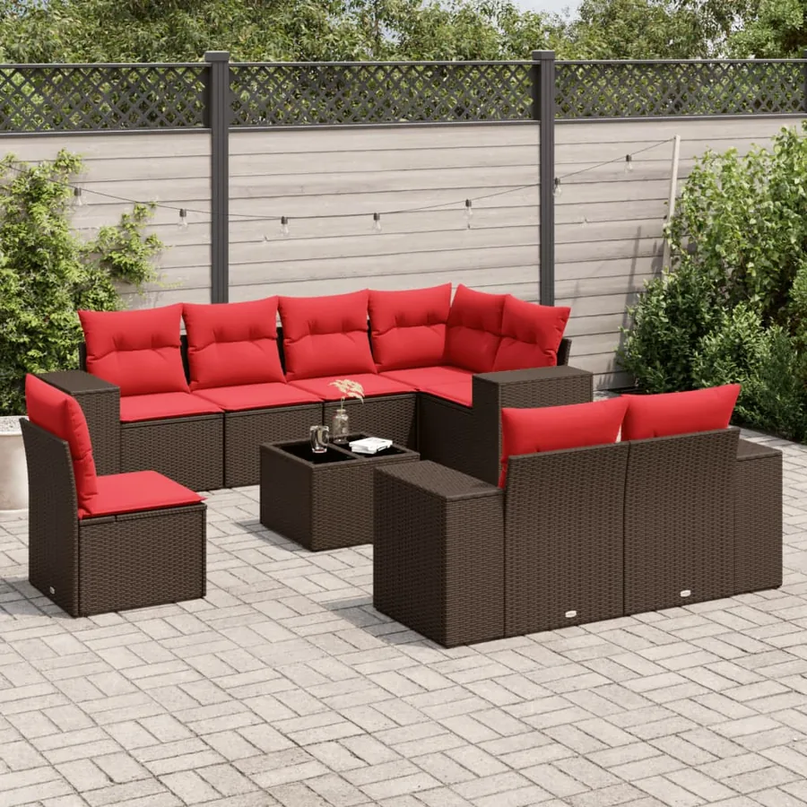 Ensemble de canapé de jardin 9 pcs avec coussins marron résine tressée