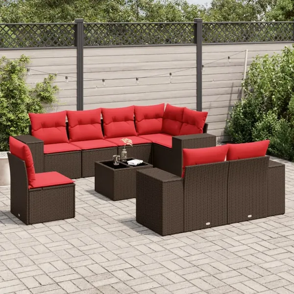 Ensemble de canapé de jardin 9 pcs avec coussins marron résine tressée