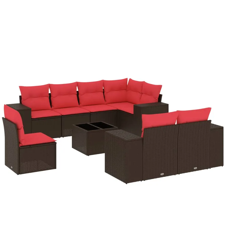Ensemble de canapé de jardin 9 pcs avec coussins marron résine tressée - 2