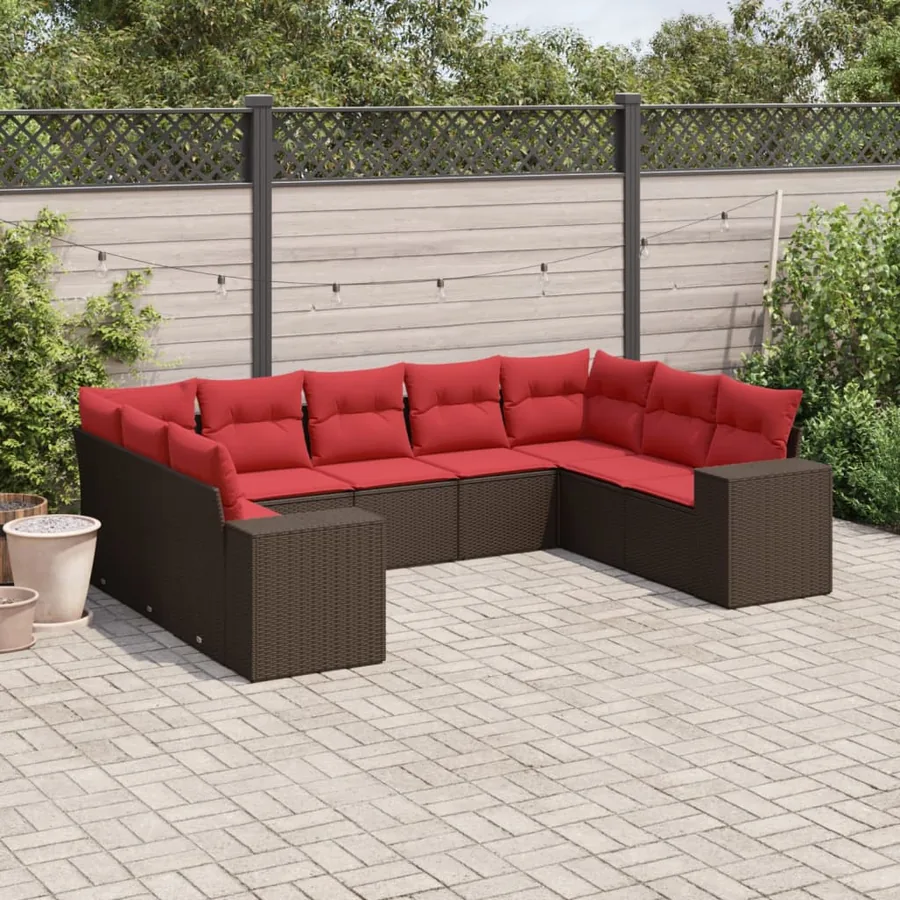 Ensemble de canapé de jardin 9 pcs avec coussins marron résine tressée