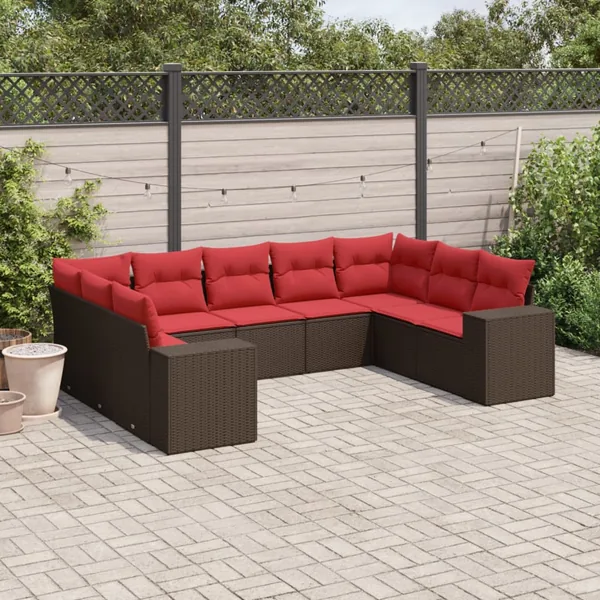Ensemble de canapé de jardin 9 pcs avec coussins marron résine tressée