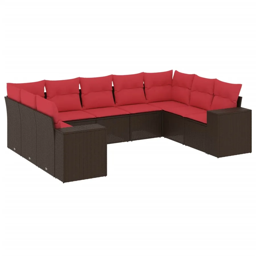 Ensemble de canapé de jardin 9 pcs avec coussins marron résine tressée - 2