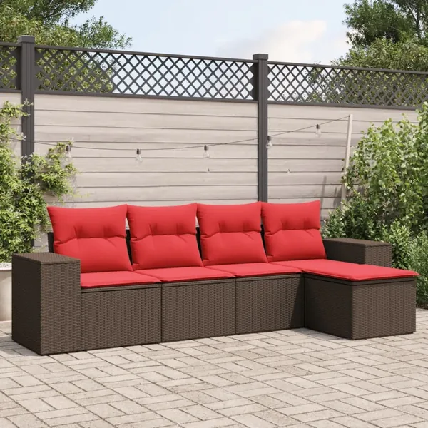 Ensemble de canapé de jardin 5 pcs avec coussins marron résine tressée