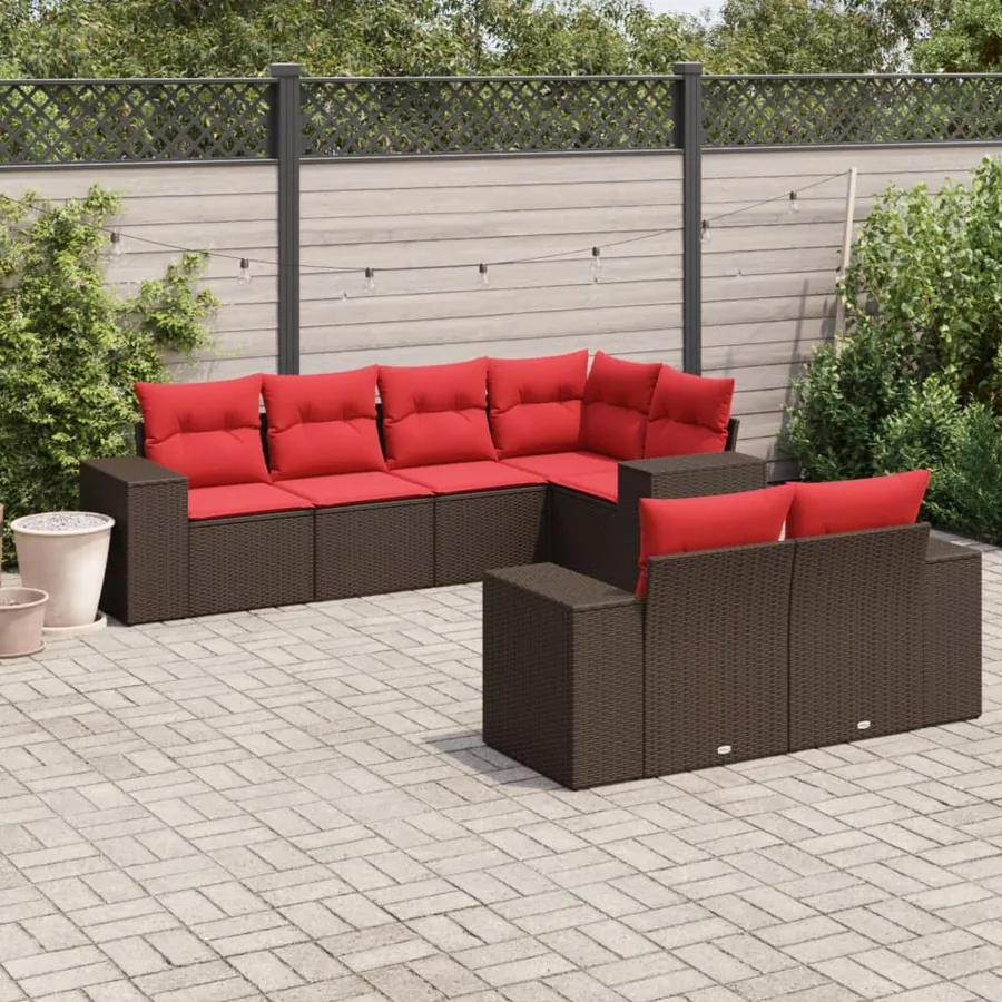 Ensemble de canapé de jardin 7 pcs avec coussins marron résine tressée