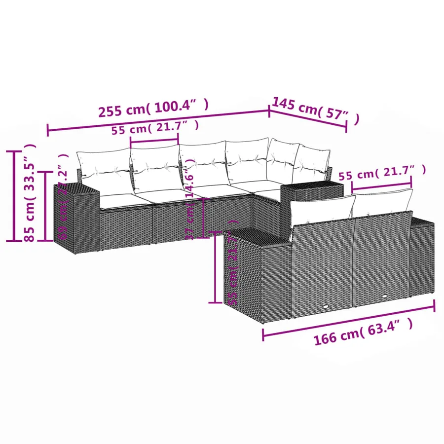 Ensemble de canapé de jardin 7 pcs avec coussins marron résine tressée - 7