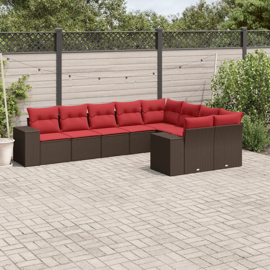 Ensemble de canapé de jardin 9 pcs avec coussins marron résine tressée