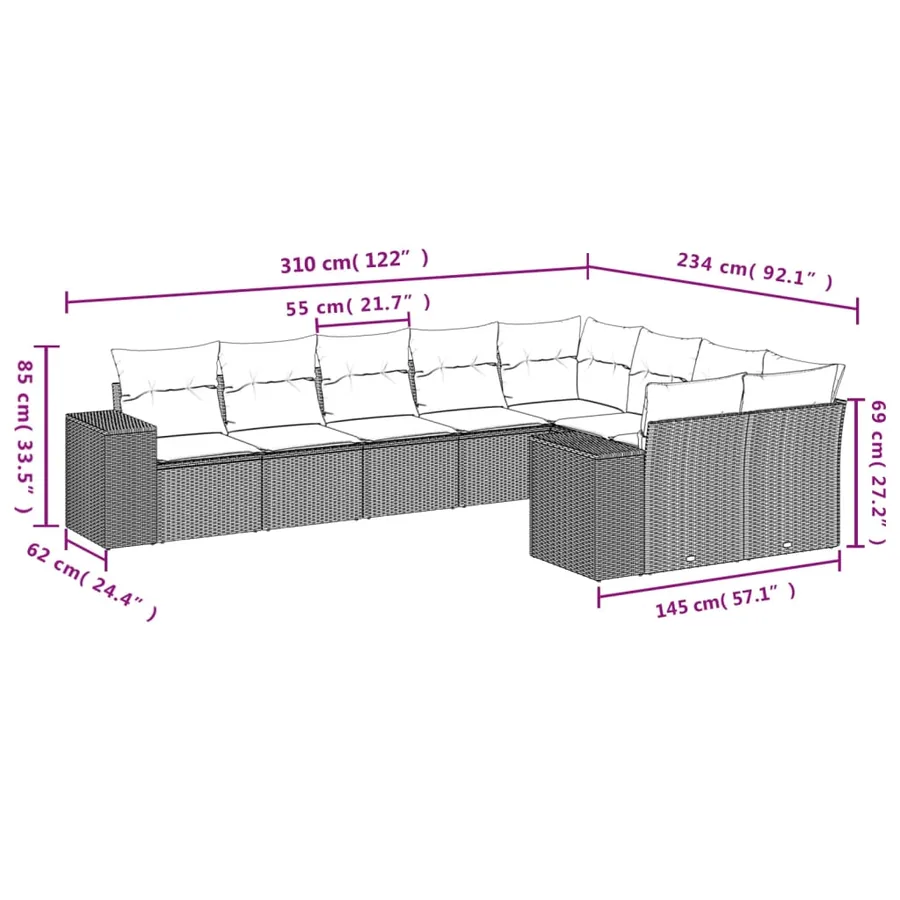 Ensemble de canapé de jardin 9 pcs avec coussins marron résine tressée - 7