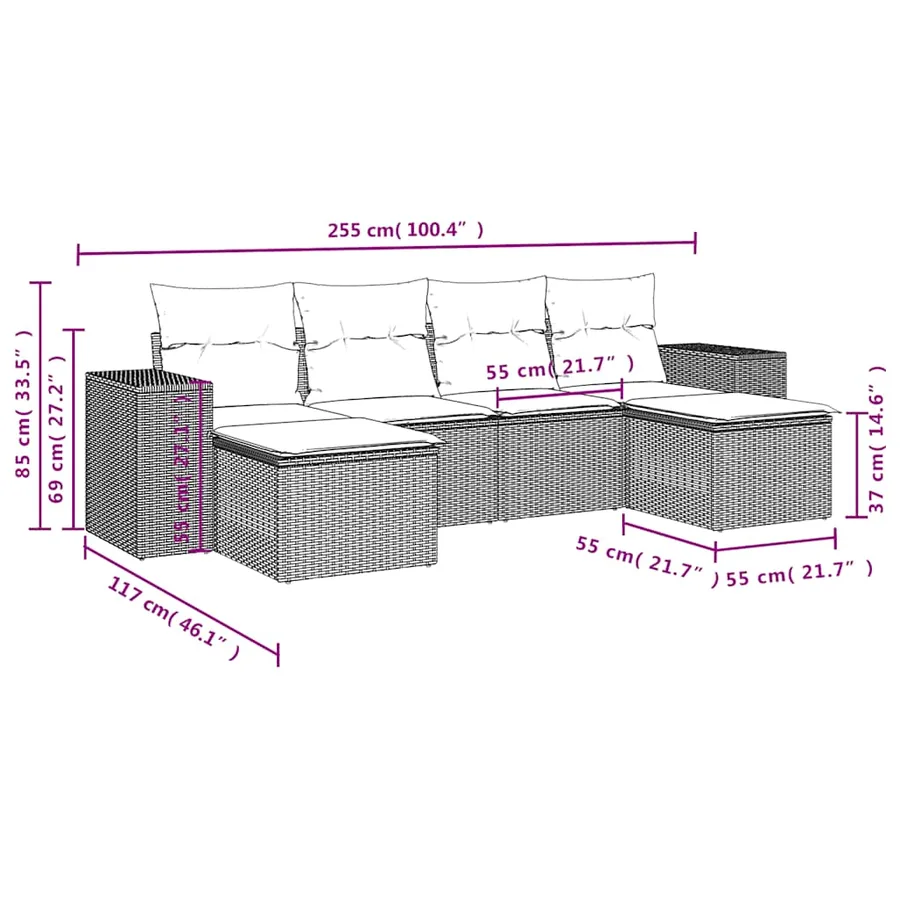 Ensemble de canapé de jardin 6 pcs avec coussins marron résine tressée - 8