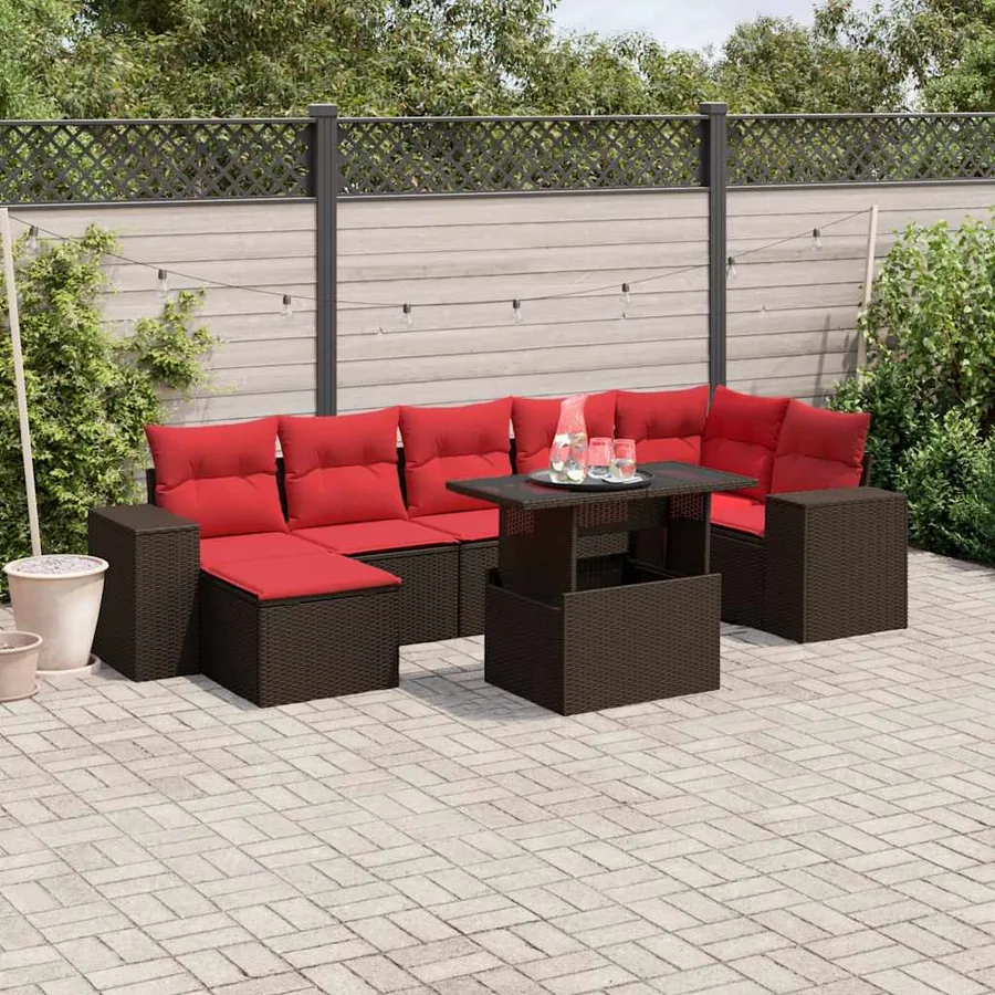 Ensemble de canapé de jardin 8 pcs avec coussins marron résine tressée