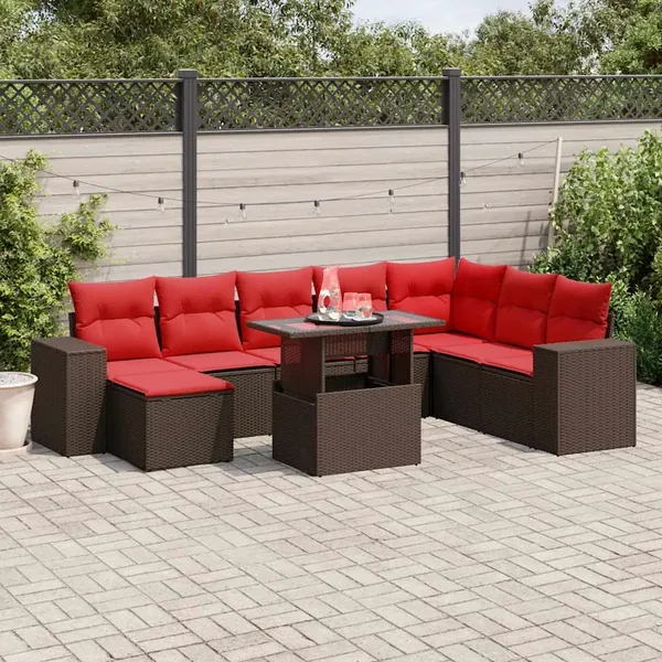 Ensemble de canapé de jardin 9 pcs avec coussins marron résine tressée