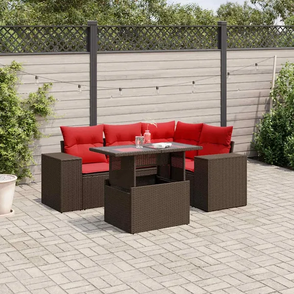 Ensemble de canapé de jardin 5 pcs avec coussins marron résine tressée