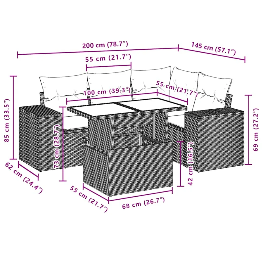 Ensemble de canapé de jardin 5 pcs avec coussins marron résine tressée - 10