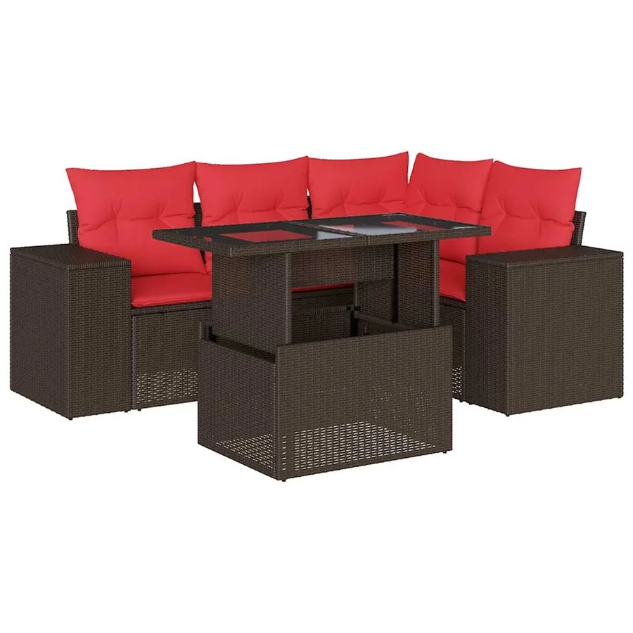 Ensemble de canapé de jardin 5 pcs avec coussins marron résine tressée - 2