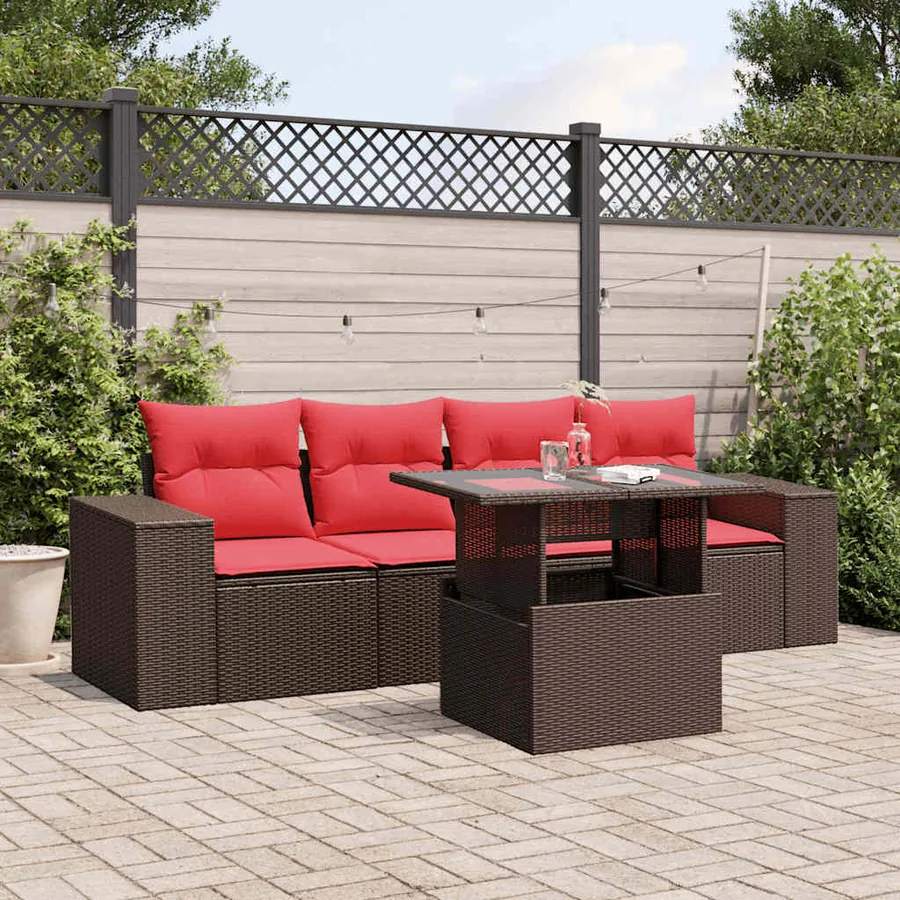 Ensemble de canapé de jardin 5 pcs avec coussins marron résine tressée