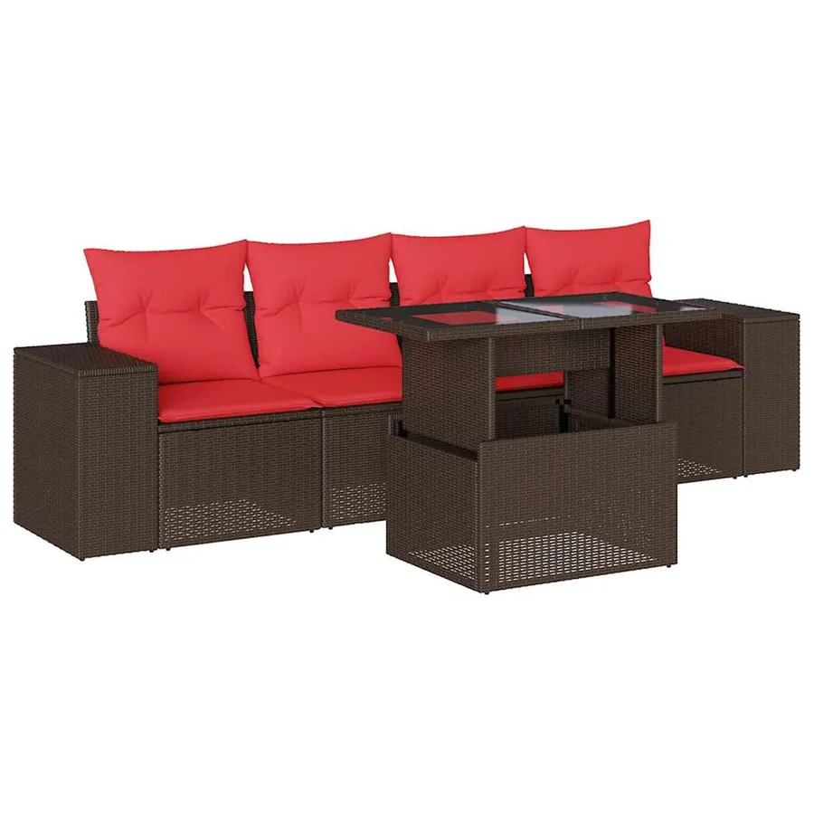Ensemble de canapé de jardin 5 pcs avec coussins marron résine tressée - 2