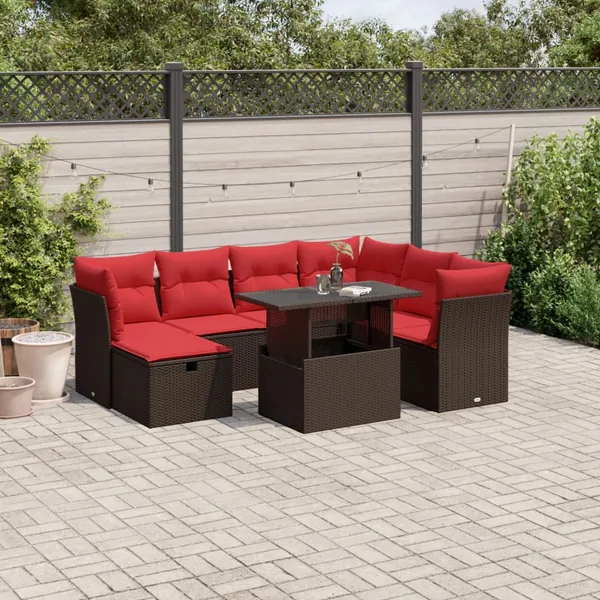 Ensemble de canapé de jardin 8 pcs avec coussins marron résine tressée