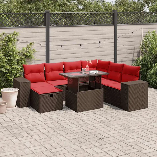 Ensemble de canapé de jardin 8 pcs avec coussins marron résine tressée