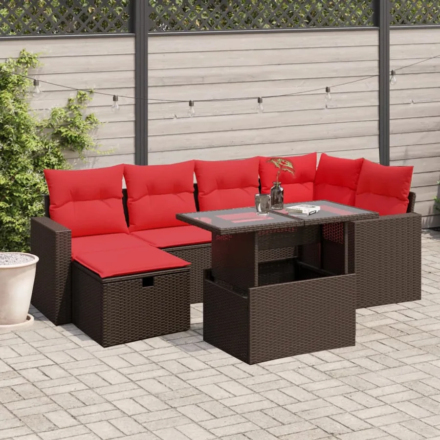 Ensemble de canapé de jardin 7 pcs avec coussins marron résine tressée