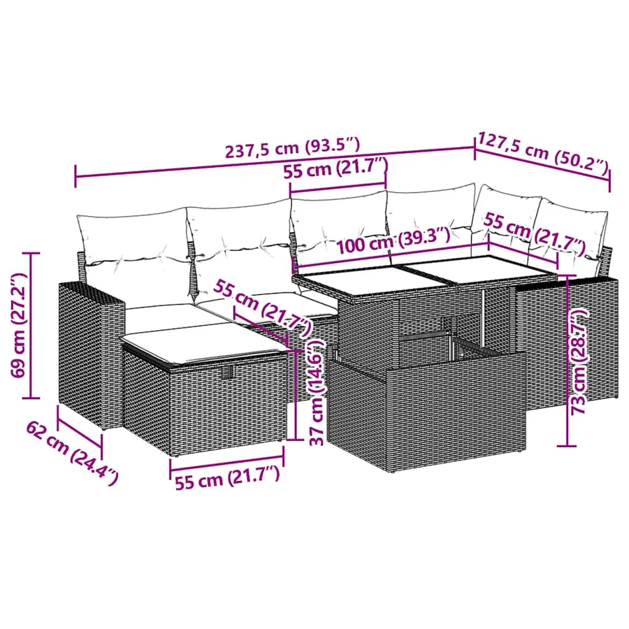 Ensemble de canapé de jardin 7 pcs avec coussins marron résine tressée - 13