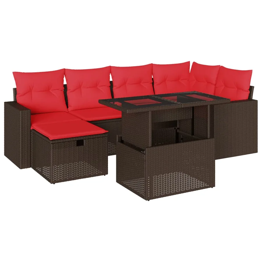 Ensemble de canapé de jardin 7 pcs avec coussins marron résine tressée - 2