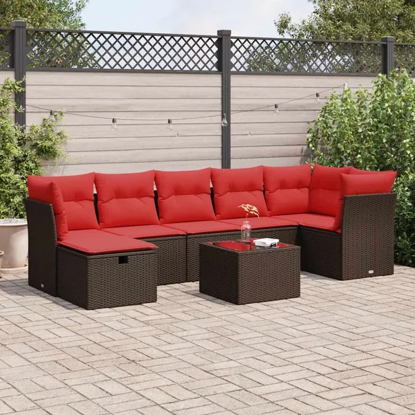 Salon de jardin 8 pcs avec coussins marron résine tressée