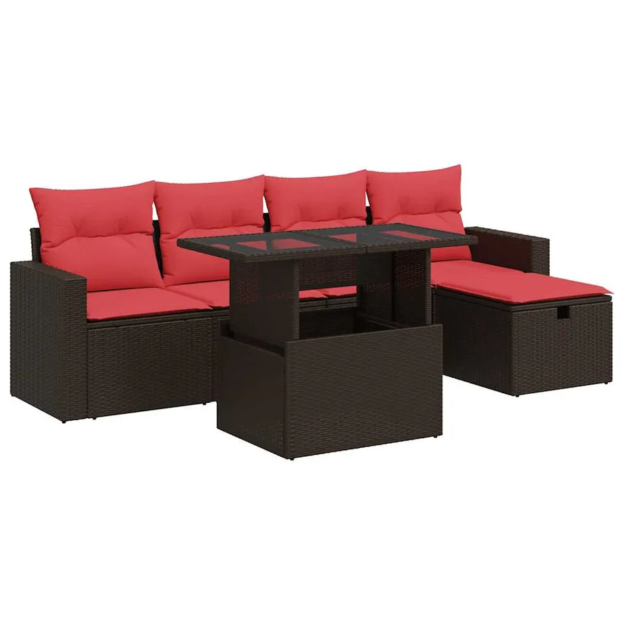 Salon de jardin 6 pcs avec coussins marron résine tressée acacia - 2